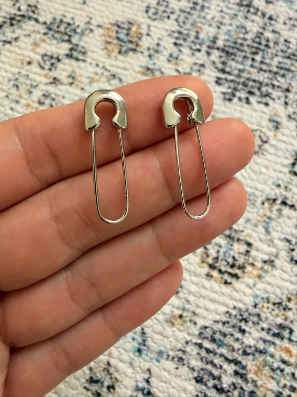 Silver Safety Pin Drop Earrings - Picture 2 of 4